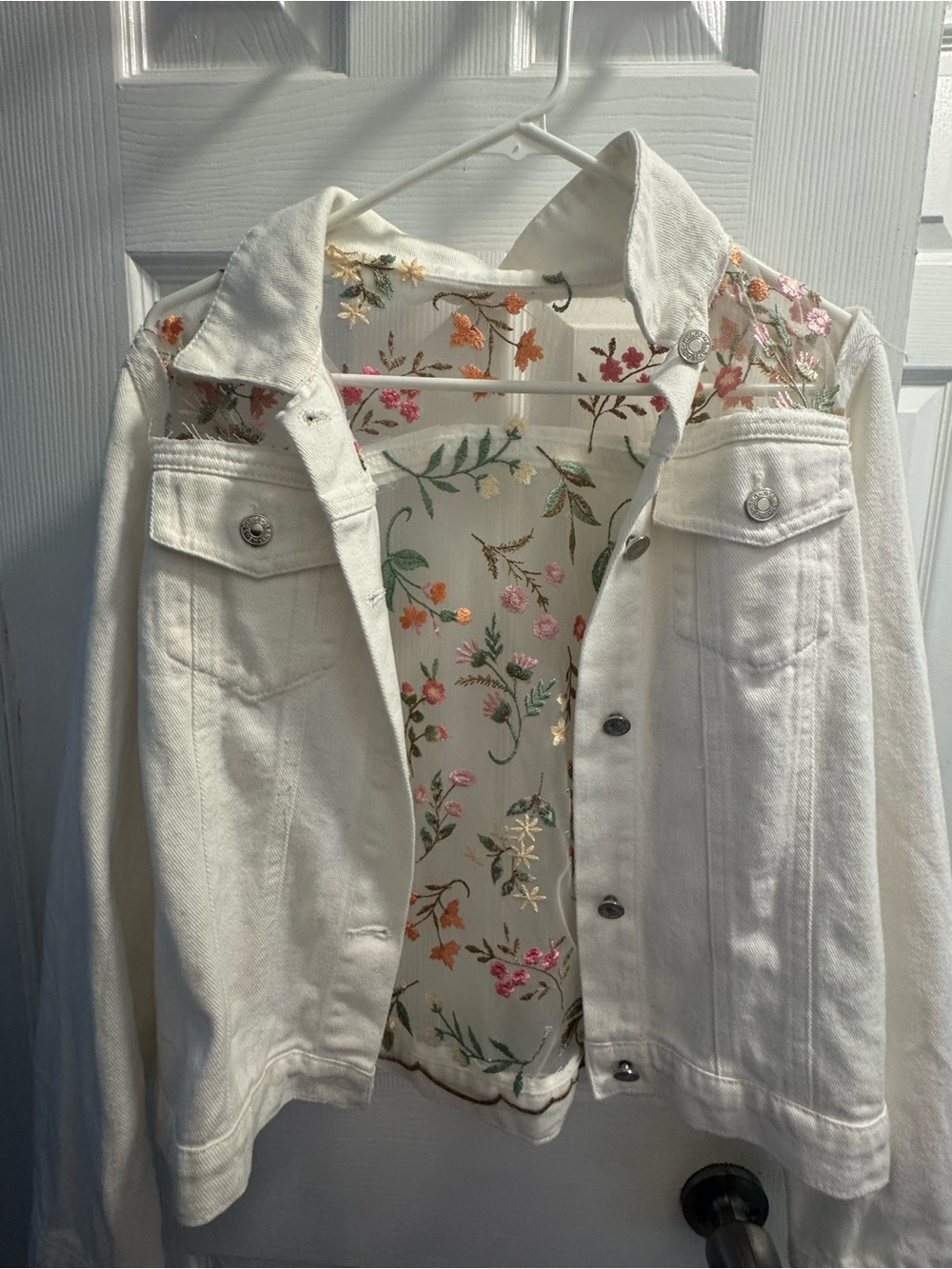 Artisan handmade White Embroidered Floral Denim Jacket - sheer mesh back